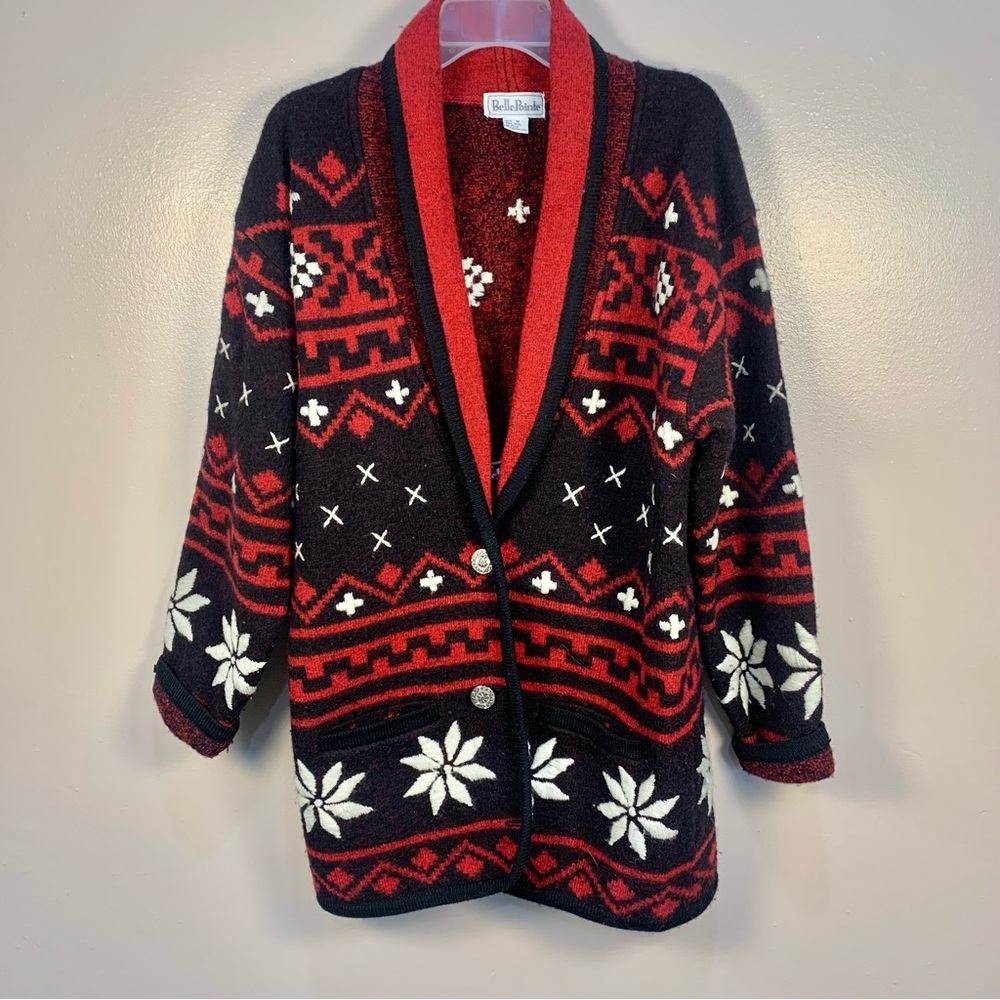 Vintage Belle Pointe Wool Snow Flake Geometric Collared Metal Button Cardigan